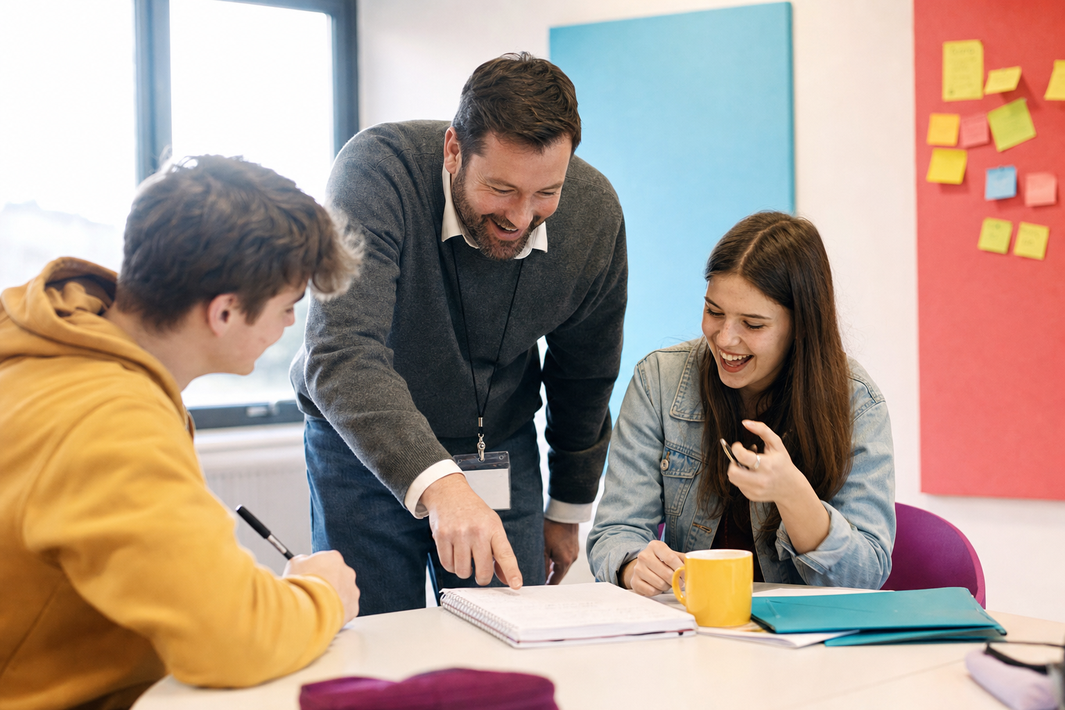 Docent helpt twee studenten aan tafel tijdens een vrolijk overleg in een klaslokaal.