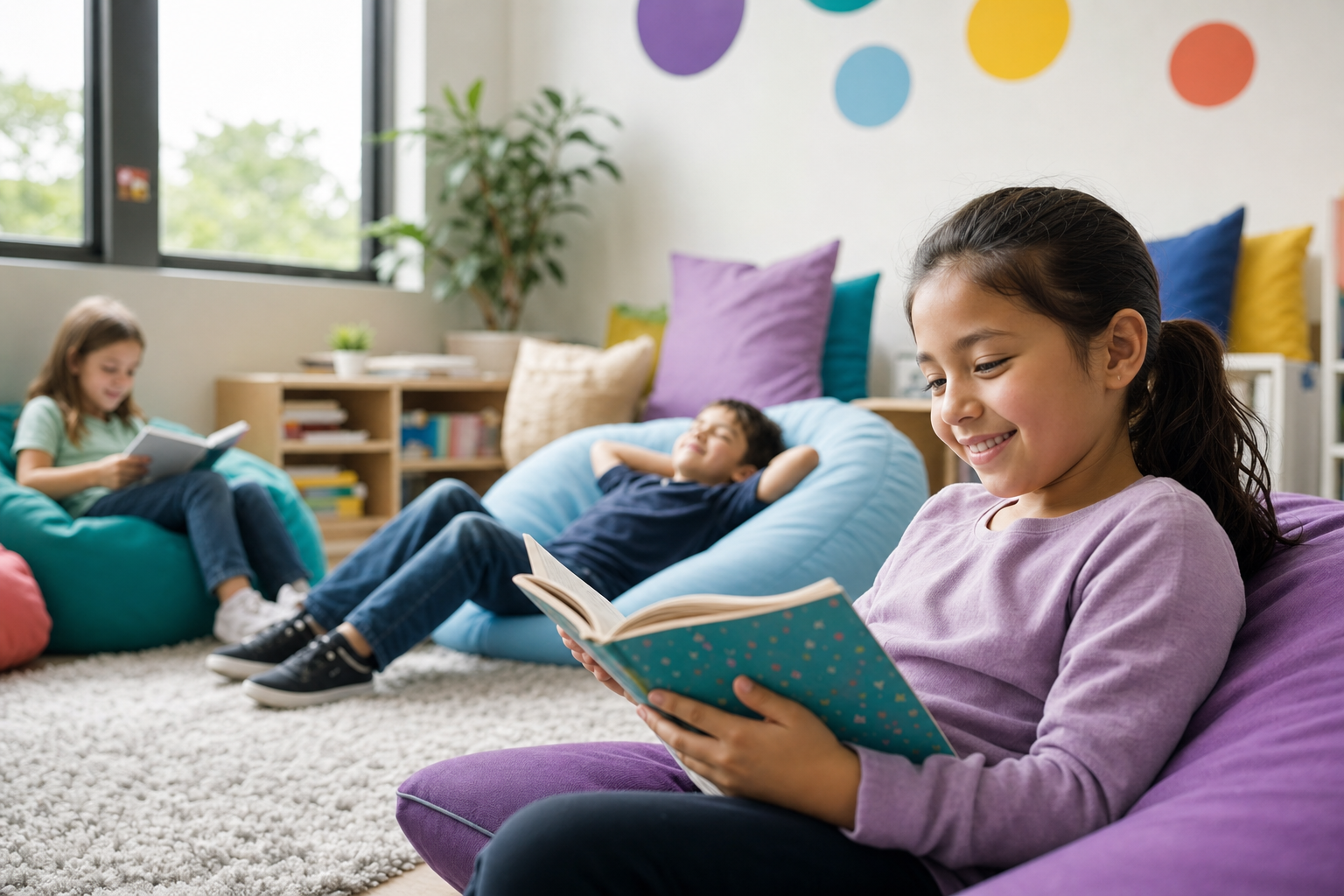 Drie kinderen lezen en ontspannen op zitzakken in een kleurrijke leeshoek.