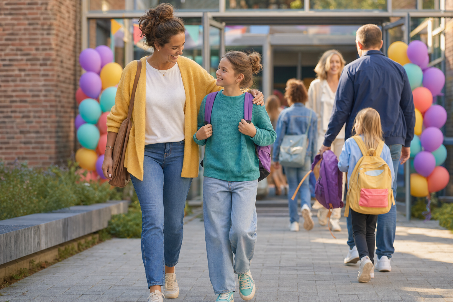 Moeder loopt glimlachend met schoolkind voor een schoolgebouw met kleurrijke ballonnen en andere gezinnen op de achtergrond.