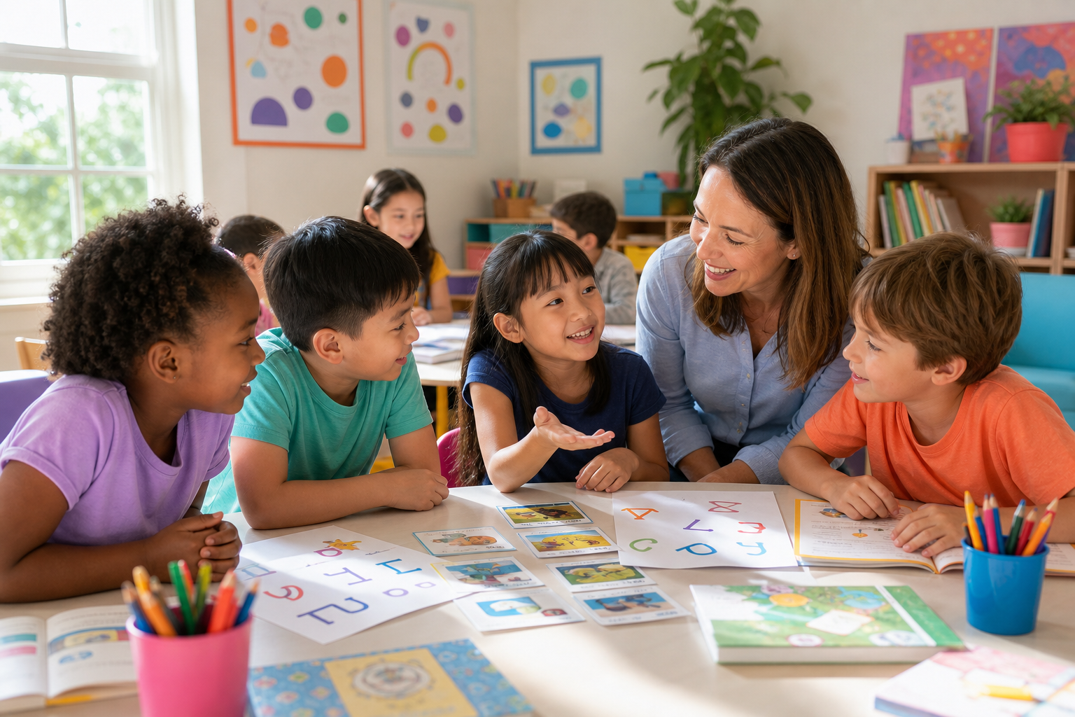 Leerkracht zit met vier kinderen aan een tafel tijdens een vrolijke les in een lichte klas.