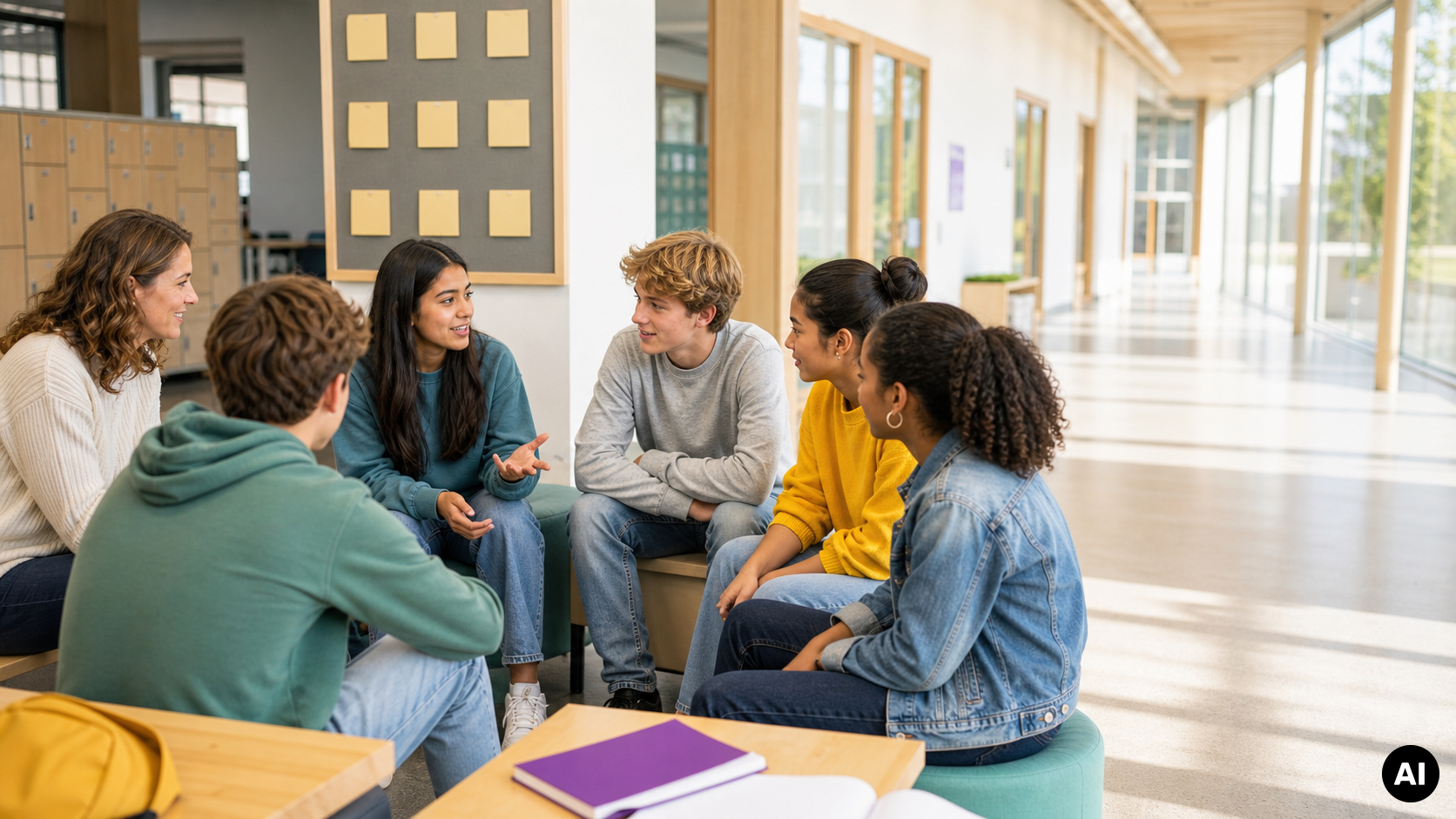Een begeleider en vijf leerlingen zitten in een kring in een lichte schoolgang en voeren een gesprek.