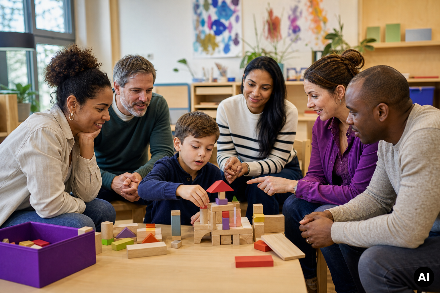 Een kind bouwt met houten blokken terwijl vijf ouders aandachtig meekijken en meedoen in een klaslokaal.