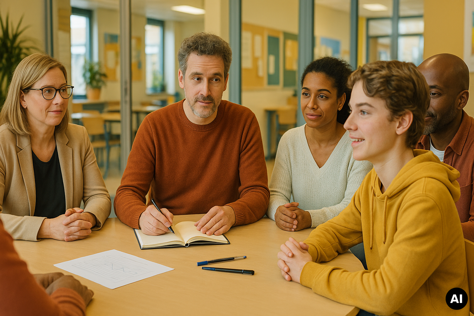 Leerling in gele trui zit aan tafel met vier schoolprofessionals tijdens een overleg over aanwezigheid en ondersteuning.